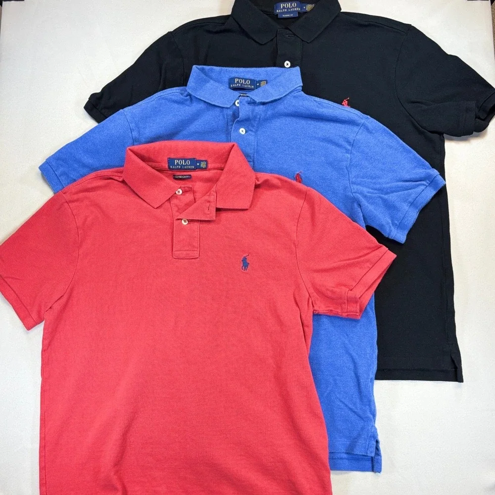 3 Polo Ralph Lauren Polos Men Size M Slim Red Blue Black Short Sleeve Pony Pique